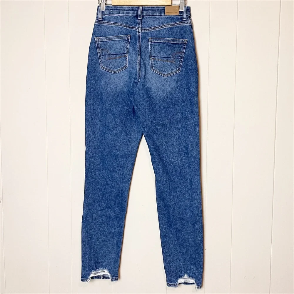 American Eagle Curvy Mom Jeans 4 X-LONG High Waisted Ripped Blue‎ Denim Stretch